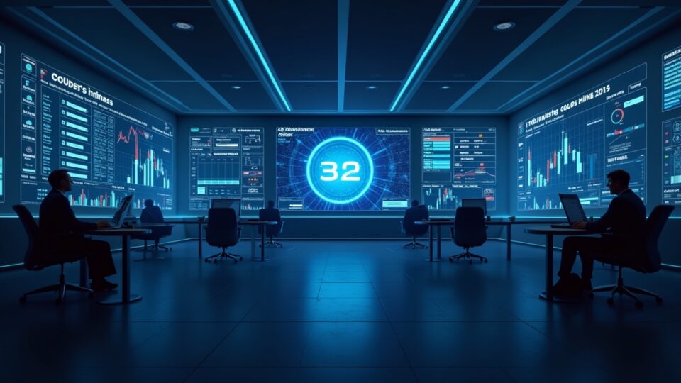 Noticiero cripto futurista: tablero central muestra el índice Altcoin Season en 32 y paneles de Bittensor, Zcash y DeXe.