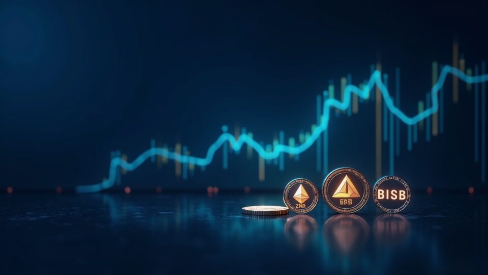 Realistic trading desk with a focused trader; rising SPX, ZEC and BNB holographic coins over dynamic charts.