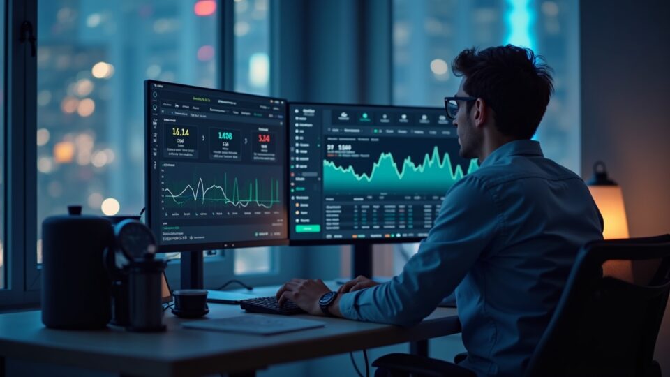 Trader cripto observa un panel: Altcoin Season 28, DeXe sube, Tron estable, Jupiter con mayor actividad; fondo descentralizado.