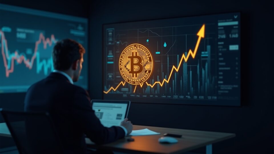 Analista financiero en newsroom con símbolo de Bitcoin central, nodos de descentralización y gráfico ascendente.