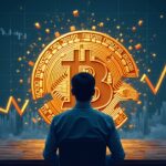 Analista enfocado junto a Bitcoin en ascenso y gráfico roto, símbolos ETF y regulación.