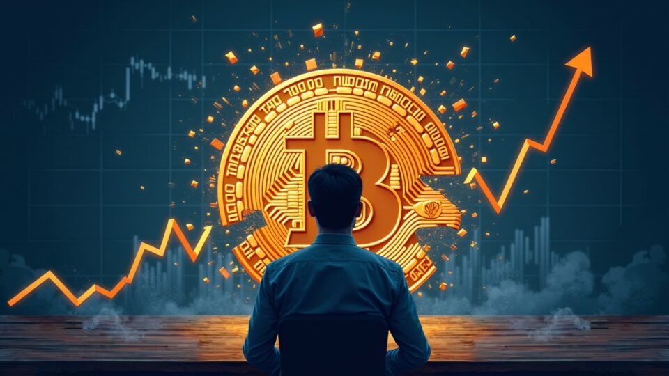 Analista enfocado junto a Bitcoin en ascenso y gráfico roto, símbolos ETF y regulación.