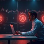 Analista cripto en escritorio inspecciona tres tokens brillantes con superposición de timeout y calendario de noviembre 2025.