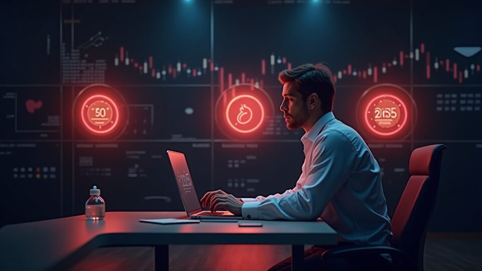 Analista cripto en escritorio inspecciona tres tokens brillantes con superposición de timeout y calendario de noviembre 2025.