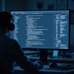 Analista en noticias cripto frente a monitor con Markdown vacío y blockchain fluyendo; IA empieza tras recibir insumo.