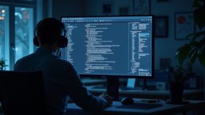 Analista en noticias cripto frente a monitor con Markdown vacío y blockchain fluyendo; IA empieza tras recibir insumo.