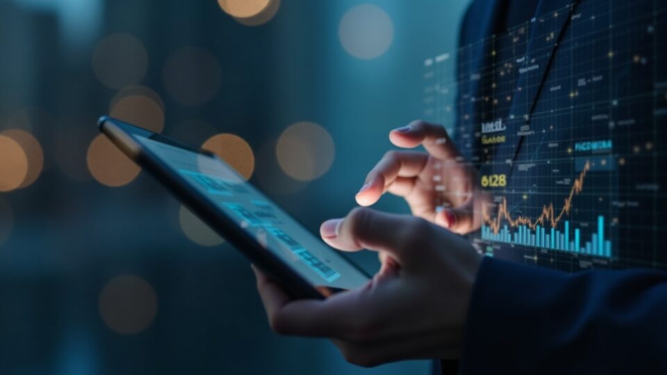 Analista financiero mirando una tableta con un panel de pagos digitales y criptomonedas, fondo urbano y símbolos de blockchain.