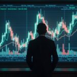 Analista de Wall Street observa Bitcoin en pantalla con dólar difuminado, destacando inflación y riesgos regulatorios.