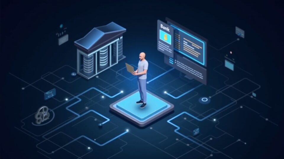Figura fotorealista conecta datos bancarios con un exchange cripto mediante API iluminada, simbolizando banca abierta.