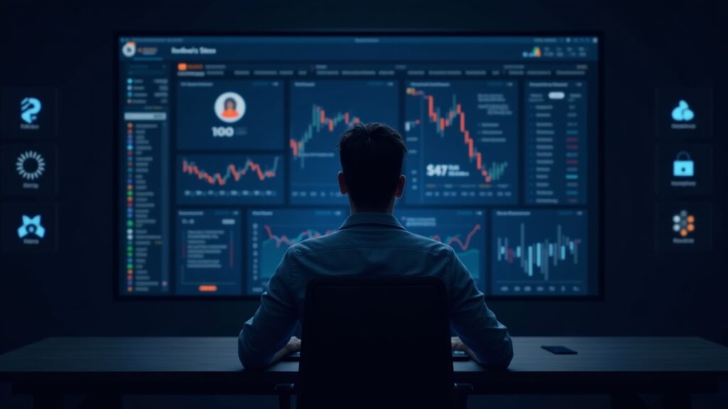 Analista central revisa gráficos de Aptos y calendario de desbloqueos en un dashboard, logos institucionales al fondo.