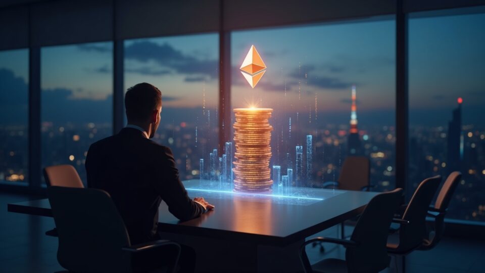 Ejecutivo en sala de juntas frente a pantalla con pila holográfica de ETH, Tokio al fondo y gráficos de tesorería.