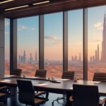 Sala de juntas corporativa con branding ARK Invest, Solmate y Solana; horizonte futurista del desierto de UAE.