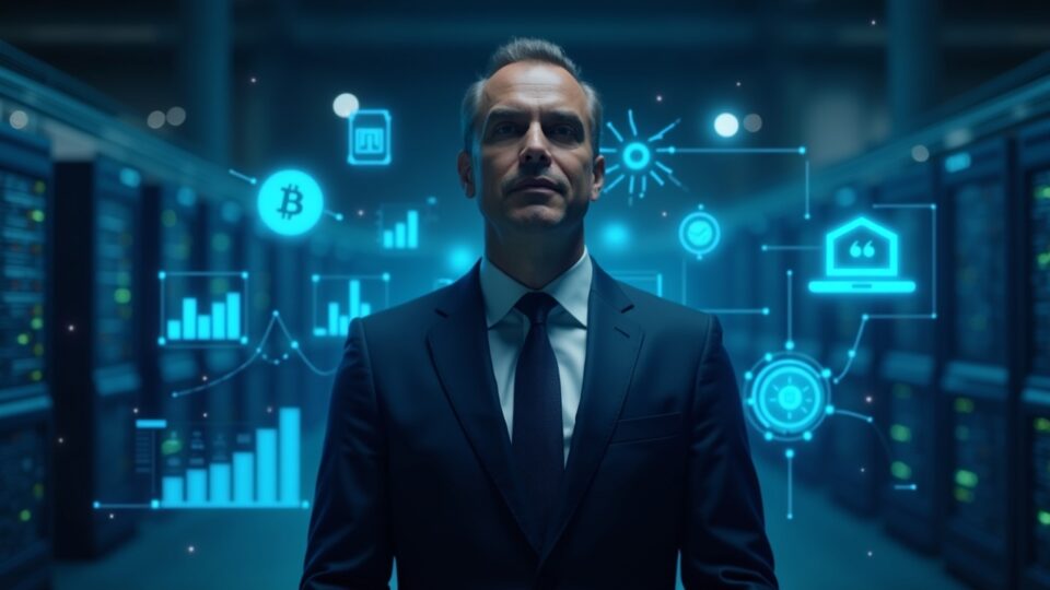 Ejecutivo trajeado en centro, rodeado de data centers cripto y servidores; gráficos de tokens a flujo de caja