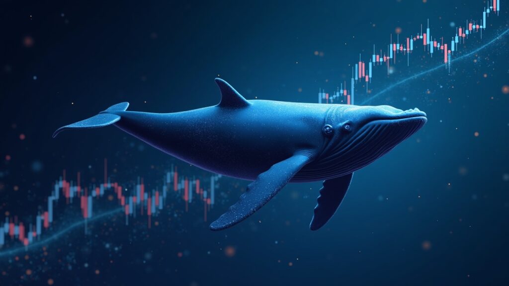 Silueta de una ballena brillante sobre un gráfico cripto ascendente, destacando 2,27 y el breakout de ASTER.