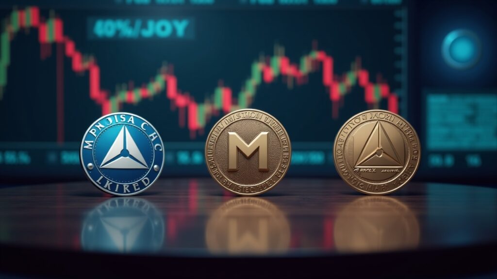 Escena fotorrealista de newsroom con ASTER, MNT y APEX acercándose a máximos, BTC de fondo