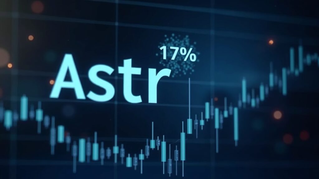 Logotipo de ASTR en vidrio con gráfico de precios mostrando caída del 11%, fondo de parachain Polkadot y luces de redacción.