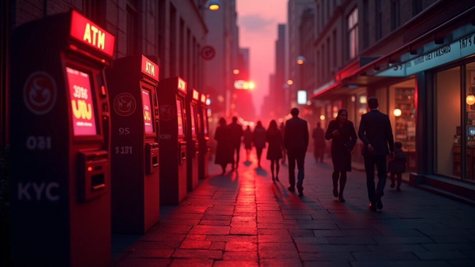 Escena callejera australiana con cajeros de criptomonedas, brillo regulatorio rojo y siluetas de legisladores; emblemas AUSTRAC y KYC.
