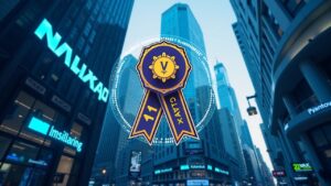Header fotorealista: skyline Nasdaq, gráfico AVAT, banda de fusión SPAC y emblema Avalanche Foundation.