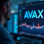 Trader frente a un tablero on‑chain con logo AVAX y gráficos DeFi en alza, simbolizando adopción institucional y descentralización.