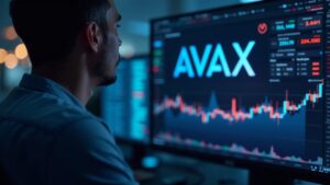 Trader frente a un tablero on‑chain con logo AVAX y gráficos DeFi en alza, simbolizando adopción institucional y descentralización.