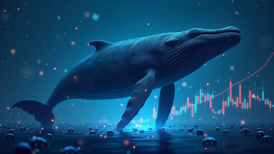 Ballena gigante sobre gráfico de AVNT con datos on-chain y visuales de la red Base, simbolizando liquidez institucional.