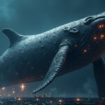 Ballena de Bitcoin sobre un gráfico de precios en vivo, con niveles de soporte clave entre 113k y 120k