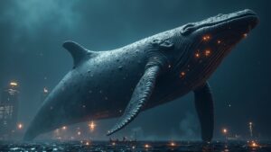 Ballena de Bitcoin sobre un gráfico de precios en vivo, con niveles de soporte clave entre 113k y 120k