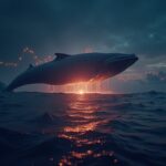 Ballena gigante sobre el logo de Solana, con trazas de transacciones on-chain y un gráfico de interés abierto de futuros