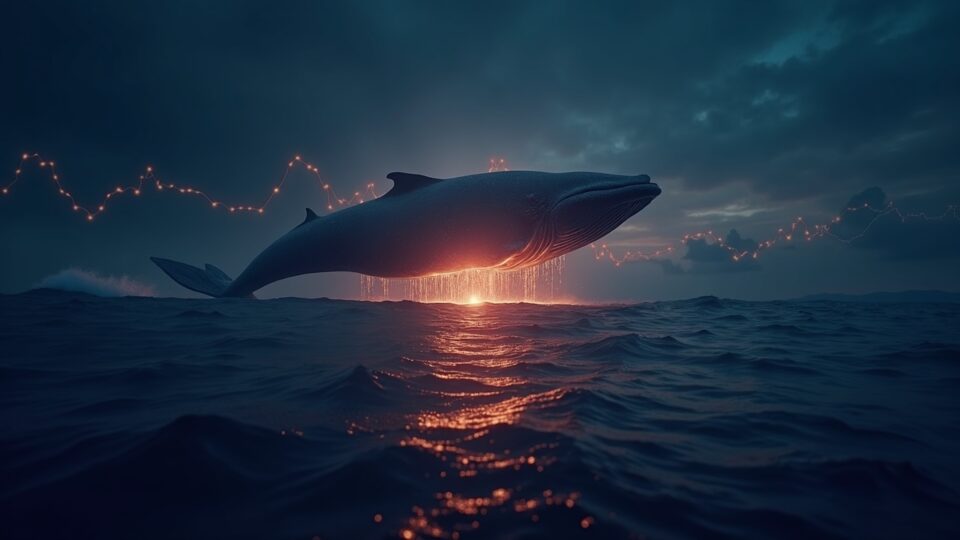 Ballena gigante sobre el logo de Solana, con trazas de transacciones on-chain y un gráfico de interés abierto de futuros