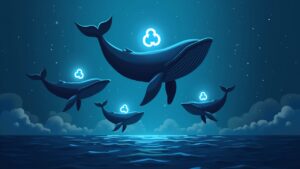 Ballena sobre el logo de Chainlink, LINK moviéndose a carteras privadas y gráfico de precios en alza.