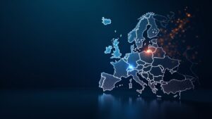 torre bancaria con panel de custodia blockchain y mapa de la UE ilustra custodia regulada y acceso a cripto bajo MiCA