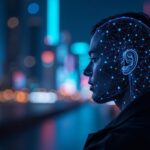 Detective en Bangkok ante neón, nodos de criptomonedas y escaneo facial en investigación transnacional.
