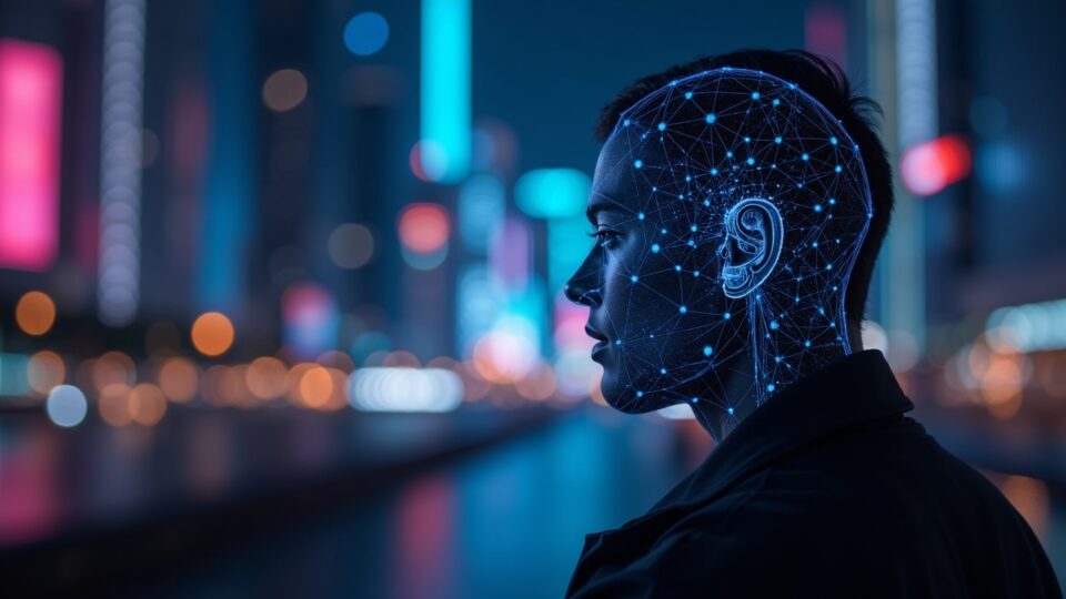Detective en Bangkok ante neón, nodos de criptomonedas y escaneo facial en investigación transnacional.