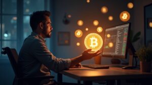 Trader en escritorio moderno recibe brillo de BNB y memecoins emergentes, simbolizando un airdrop de 45M BNB para liquidez.