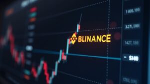 Inversor frente a un panel de riesgos luminoso, logo de Binance y gráfico de un activo con de-pegging, señalando recuperación tras la liquidación.