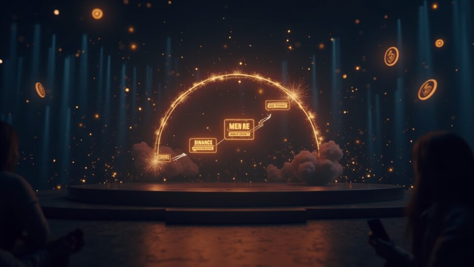 Photorealistic header of Binance Wallet launching glowing memecoins in a 3-phase arc with a CZ silhouette.