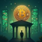 Bitcoin sobre bancos con pantallas de tickers verdes y un analista al frente simbolizando descentralización y momentum alcista.