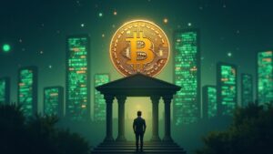 Bitcoin sobre bancos con pantallas de tickers verdes y un analista al frente simbolizando descentralización y momentum alcista.