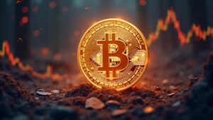 Bitcoin en primer plano en un mercado alcista, con ETH, XRP y SOL subiendo y el Nikkei en récord en el fondo.