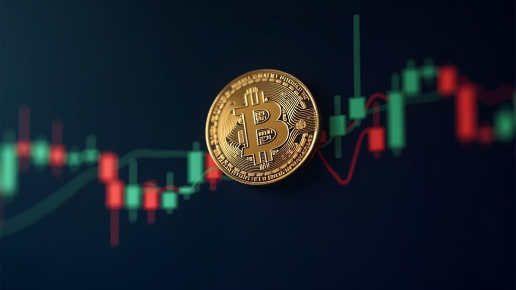 Moneda de Bitcoin sobre gráfico de trading digital con picos 111k, ilustrando entradas institucionales de ETF.