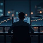Trader fotorealista ante pantallas con Bitcoin >114k y gráfico alcista; iconos de blockchain sugieren adopción institucional