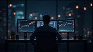 Trader fotorealista ante pantallas con Bitcoin >114k y gráfico alcista; iconos de blockchain sugieren adopción institucional