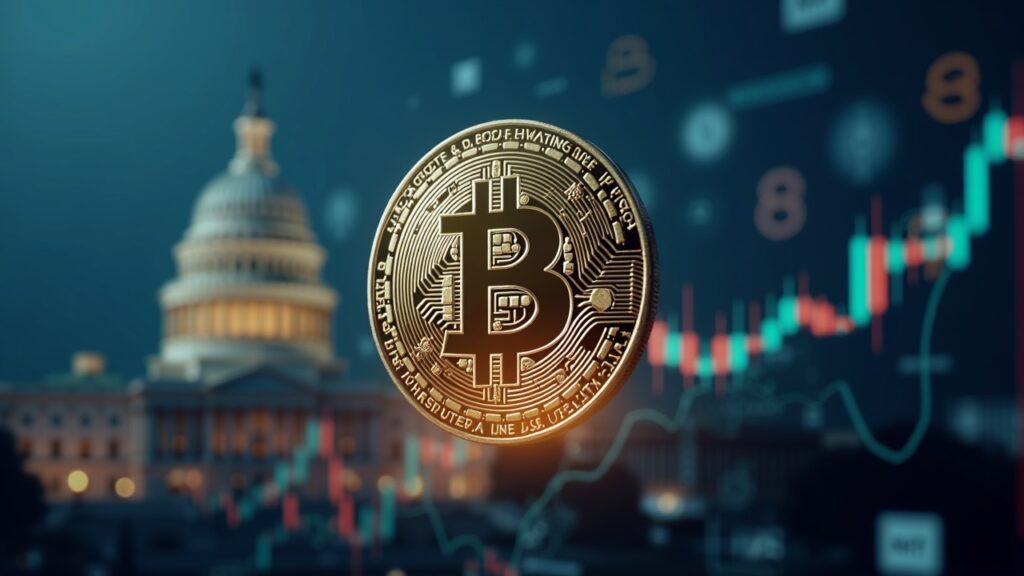 Moneda de Bitcoin en primer plano con gráfico de precios; fondo difuminado del Capitolio y íconos regulatorios.