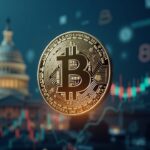 Moneda de Bitcoin en primer plano con gráfico de precios; fondo difuminado del Capitolio y íconos regulatorios.