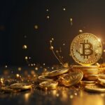 Gráfico fotorrealista: Bitcoin al alza junto a oro, líneas de liquidez hacia tesorerías, fondo en sala de redacción.