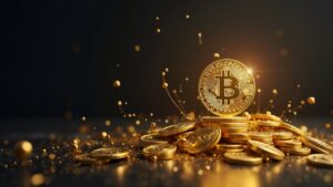 Gráfico fotorrealista: Bitcoin al alza junto a oro, líneas de liquidez hacia tesorerías, fondo en sala de redacción.