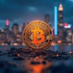 Símbolo de Bitcoin fotorealista sobre skyline urbano, con cuenta regresiva de halving y logos de ETF al fondo.