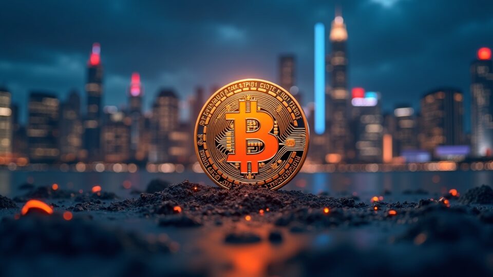 Símbolo de Bitcoin fotorealista sobre skyline urbano, con cuenta regresiva de halving y logos de ETF al fondo.