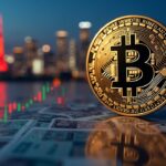 Bitcoin en primer plano con un grafico ascendente, skyline de Tokio y simbolos del yen, enfocado en un analista.