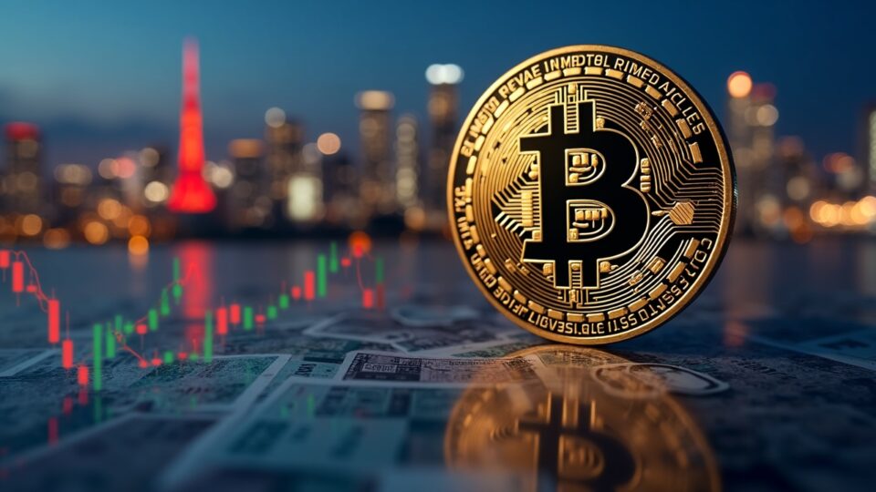 Bitcoin en primer plano con un grafico ascendente, skyline de Tokio y simbolos del yen, enfocado en un analista.